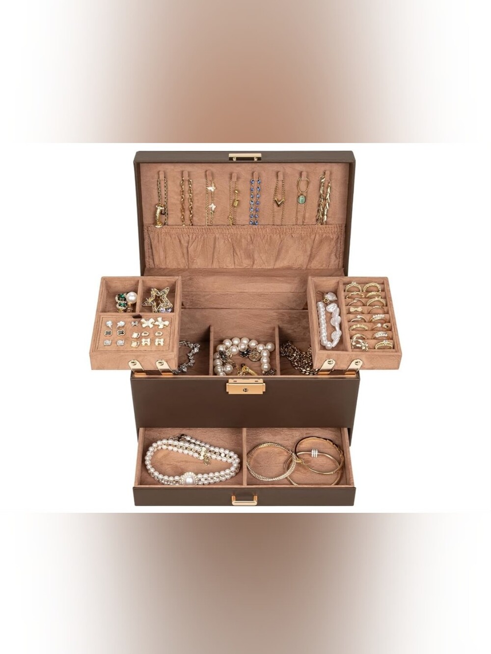Brown Jewelry Chest Organizer with Gold Hardware